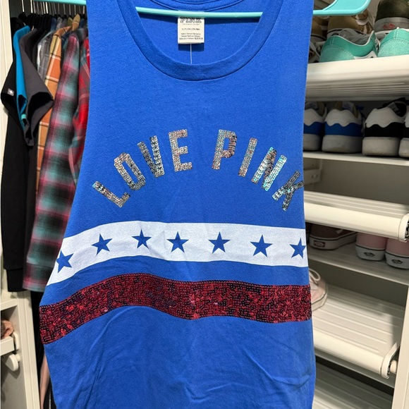 PINK Victoria's Secret Blue Tank Top with Red and Silver Accents - Picture 1 of 1